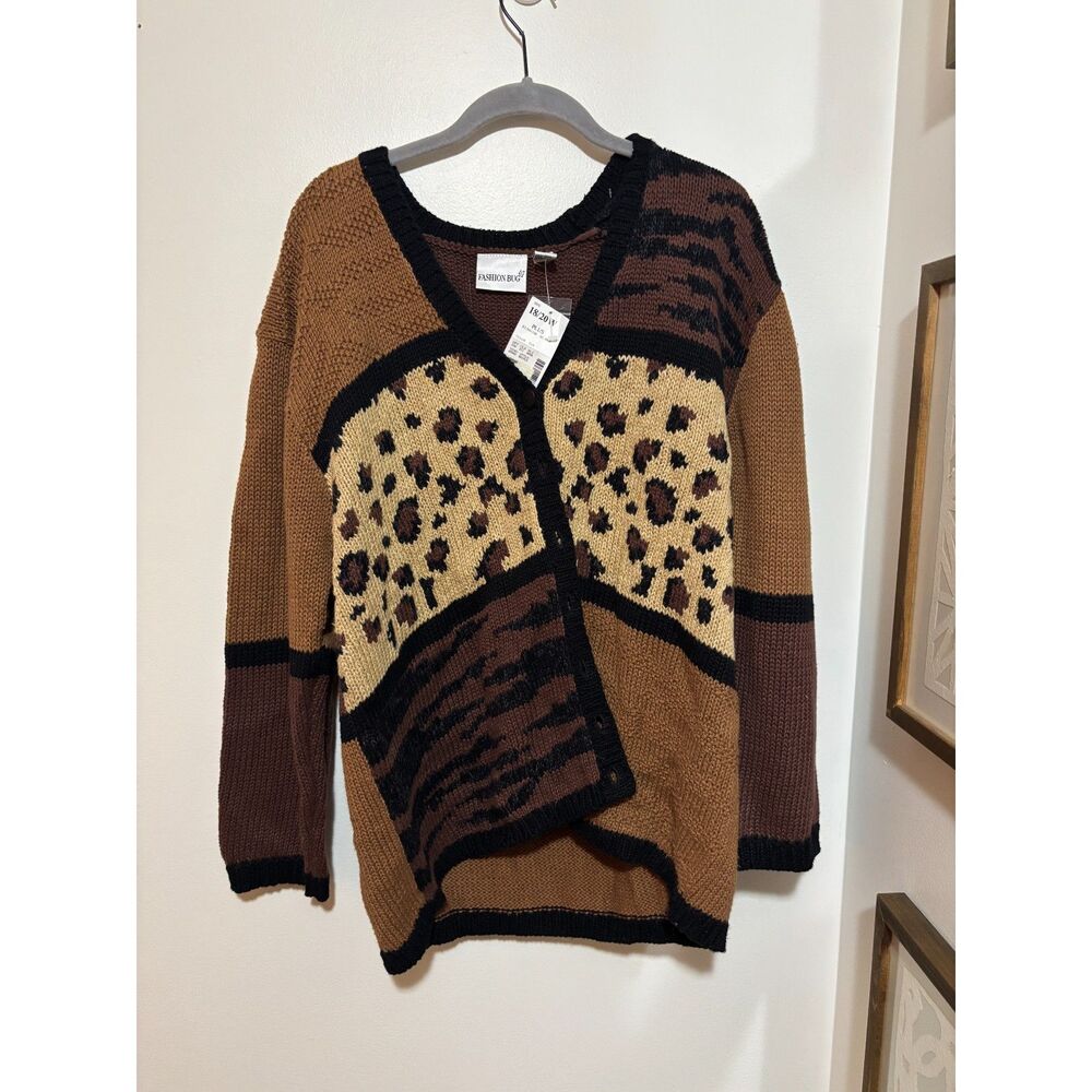 Vintage NWT Y2K Leopard Patchwork Cardigan Sweater 18/20 Plus Animal Print 90s - Picture 6 of 8